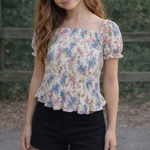 Old Navy Floral Ruffle Blouse - Cream, Blue, Pink